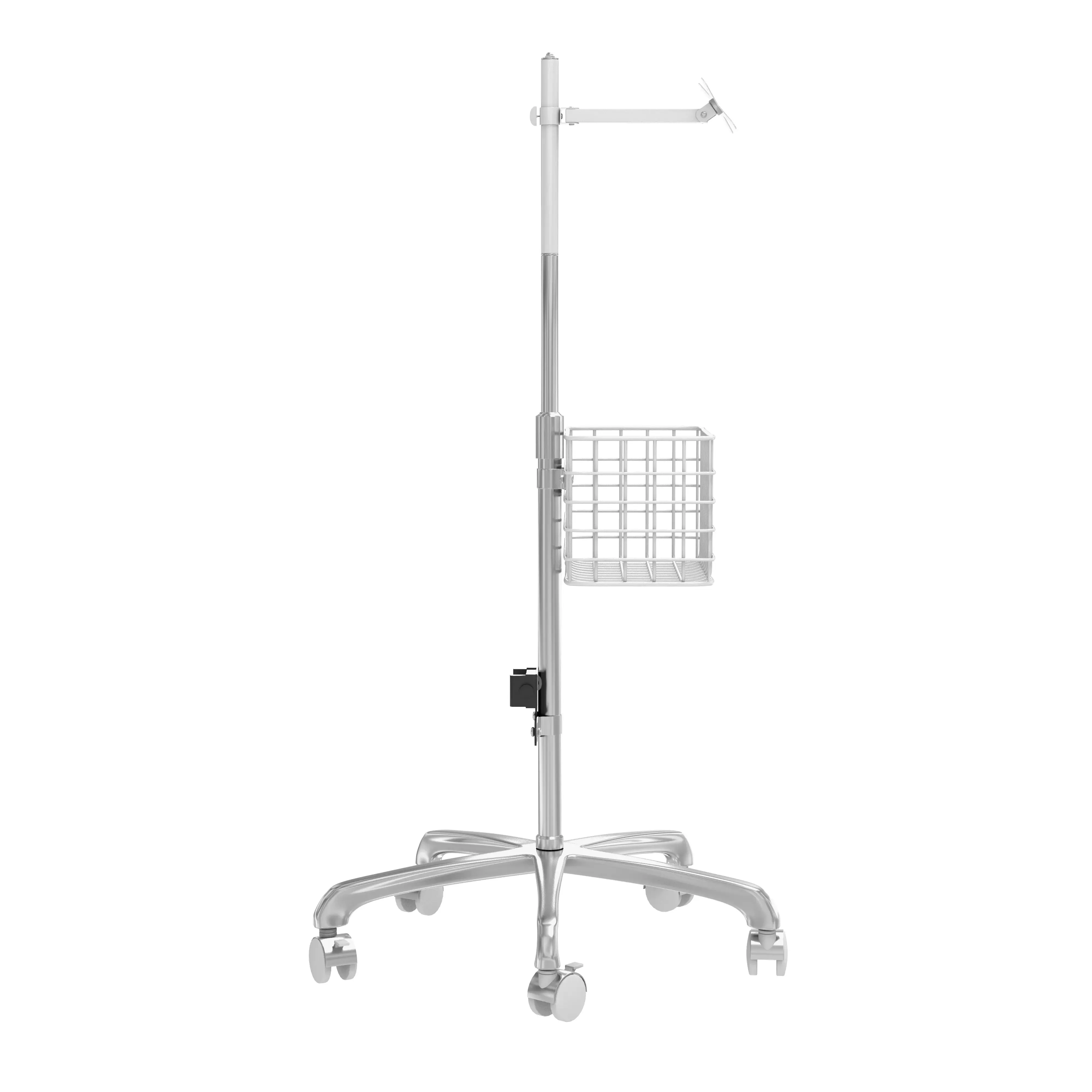 VESA Medical Rolling Cart with Articulating Arm, Basket, and Power Strip Holder