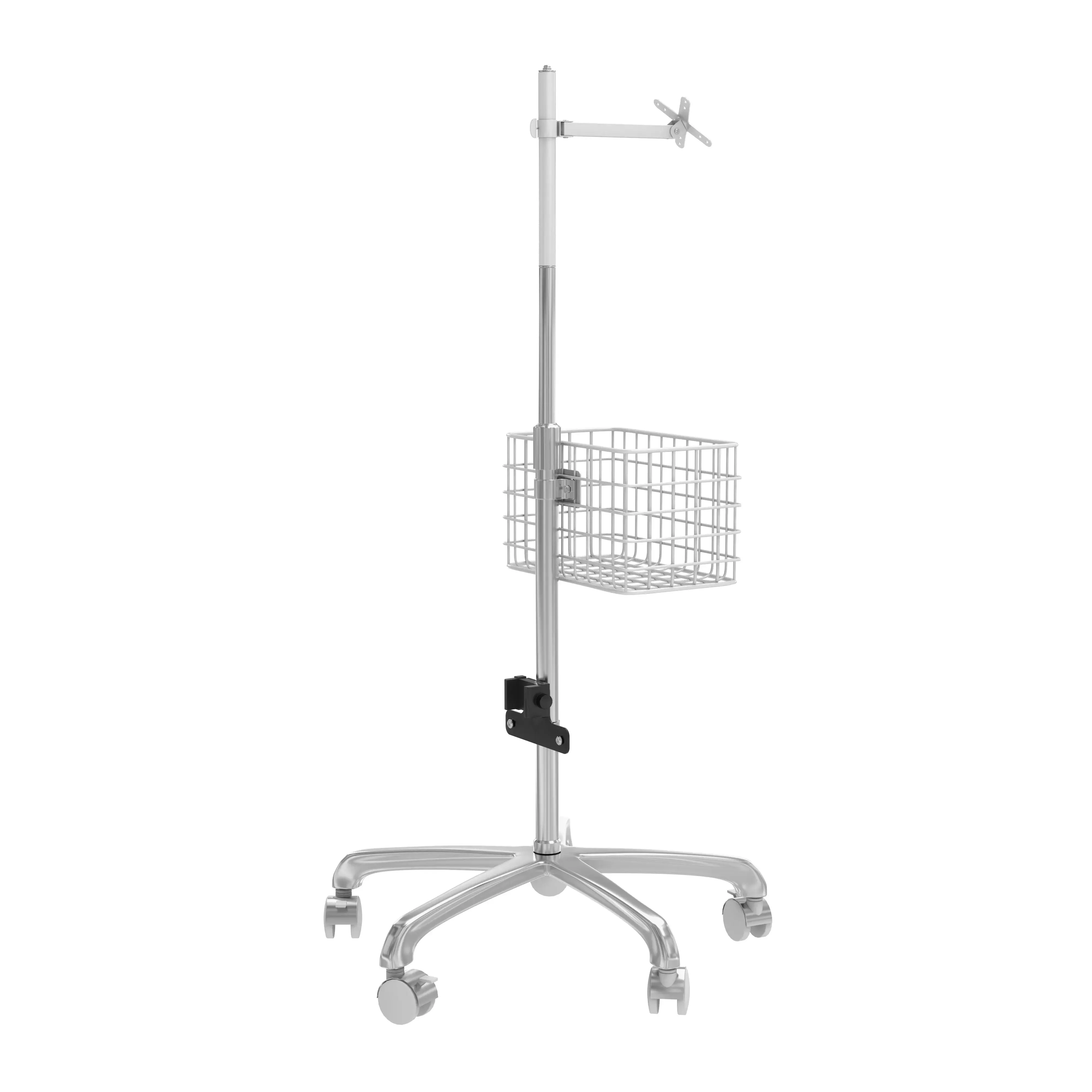 VESA Medical Rolling Cart with Articulating Arm, Basket, and Power Strip Holder