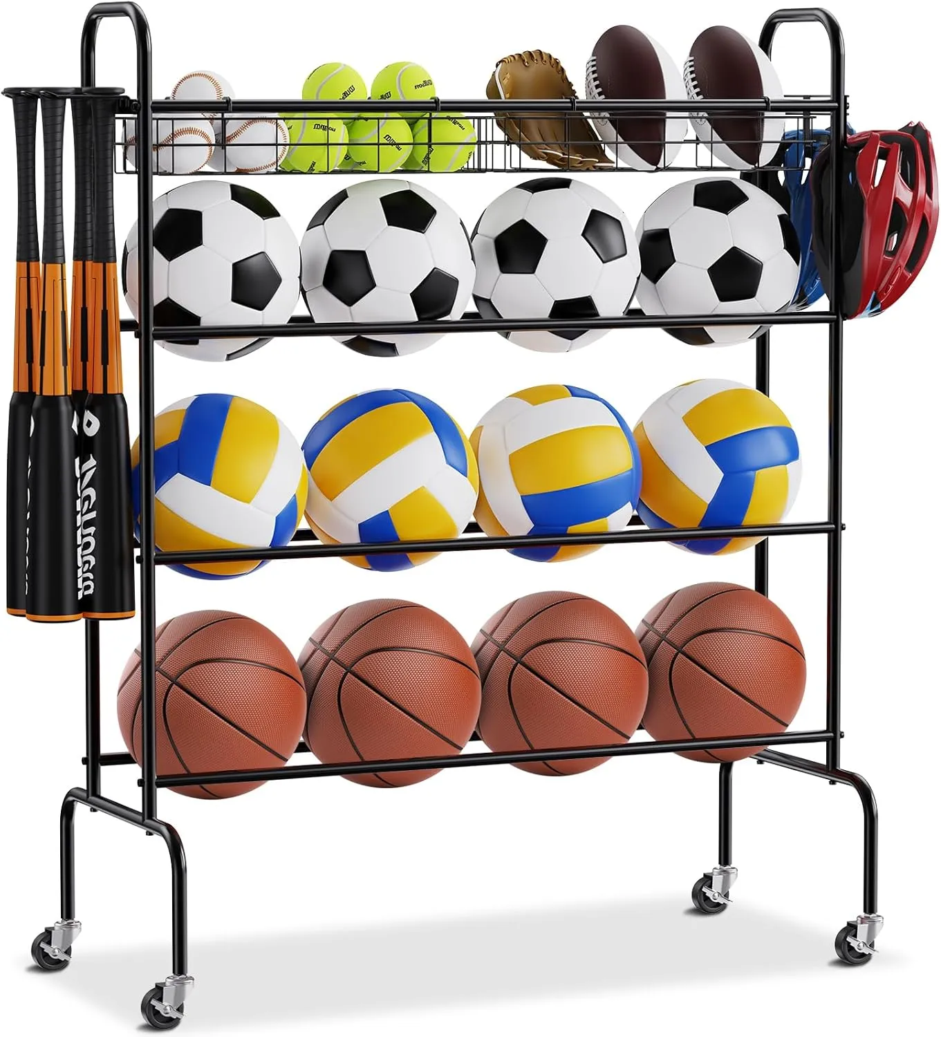 VEVOR Basketball Rack, 4-Layers Rolling Basketball Shooting Training Stand, Sports Equipment Storage Organizer with Wheels, Hooks and Baskets, Garage Ball Storage Holder for Football Soccer Volleyball