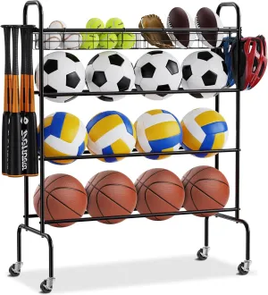 VEVOR Basketball Rack, 4-Layers Rolling Basketball Shooting Training Stand, Sports Equipment Storage Organizer with Wheels, Hooks and Baskets, Garage Ball Storage Holder for Football Soccer Volleyball
