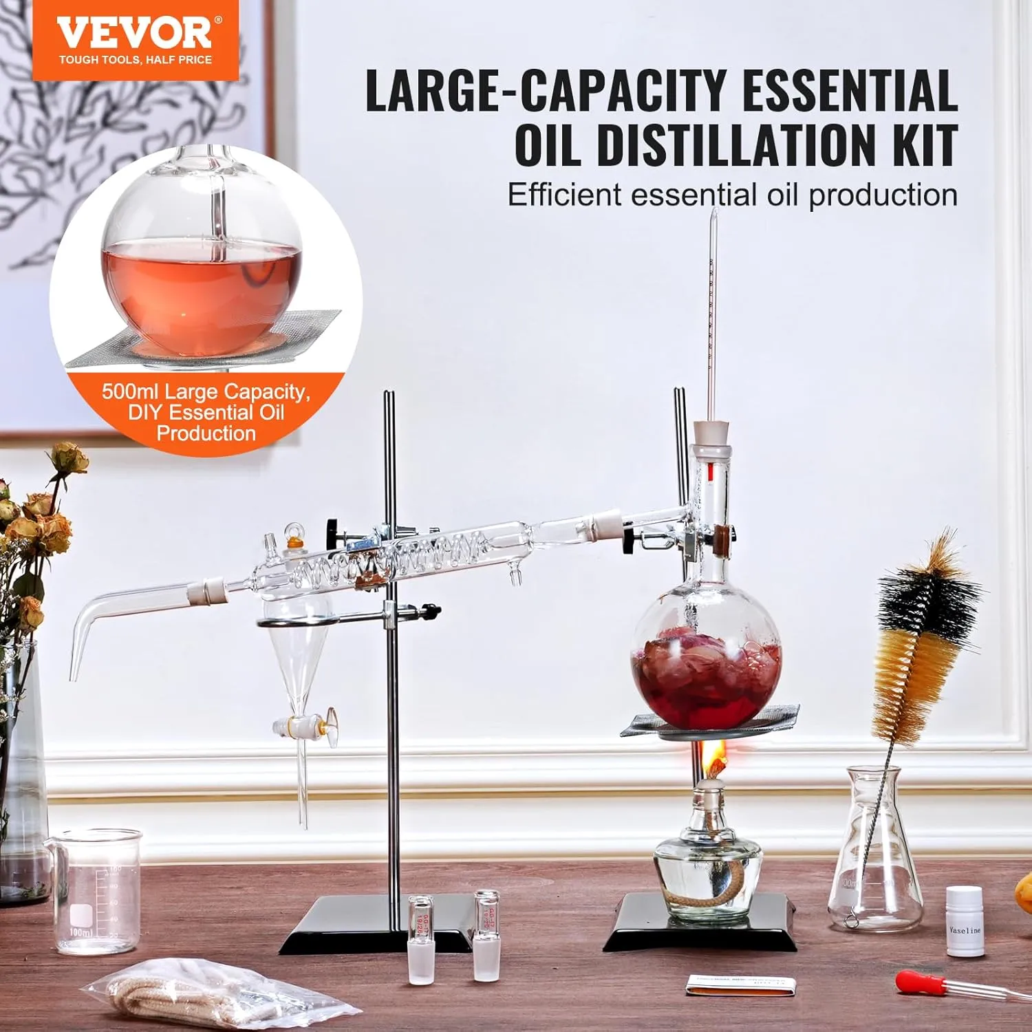 VEVOR Essential Oil Distillation Kit, 500ml Distillation Apparatus, 3.3 Boro Lab Glassware Distillation Kit with Alcohol Lamp, Ceramic Mesh and 24, 40 Joint, 28 pcs Set