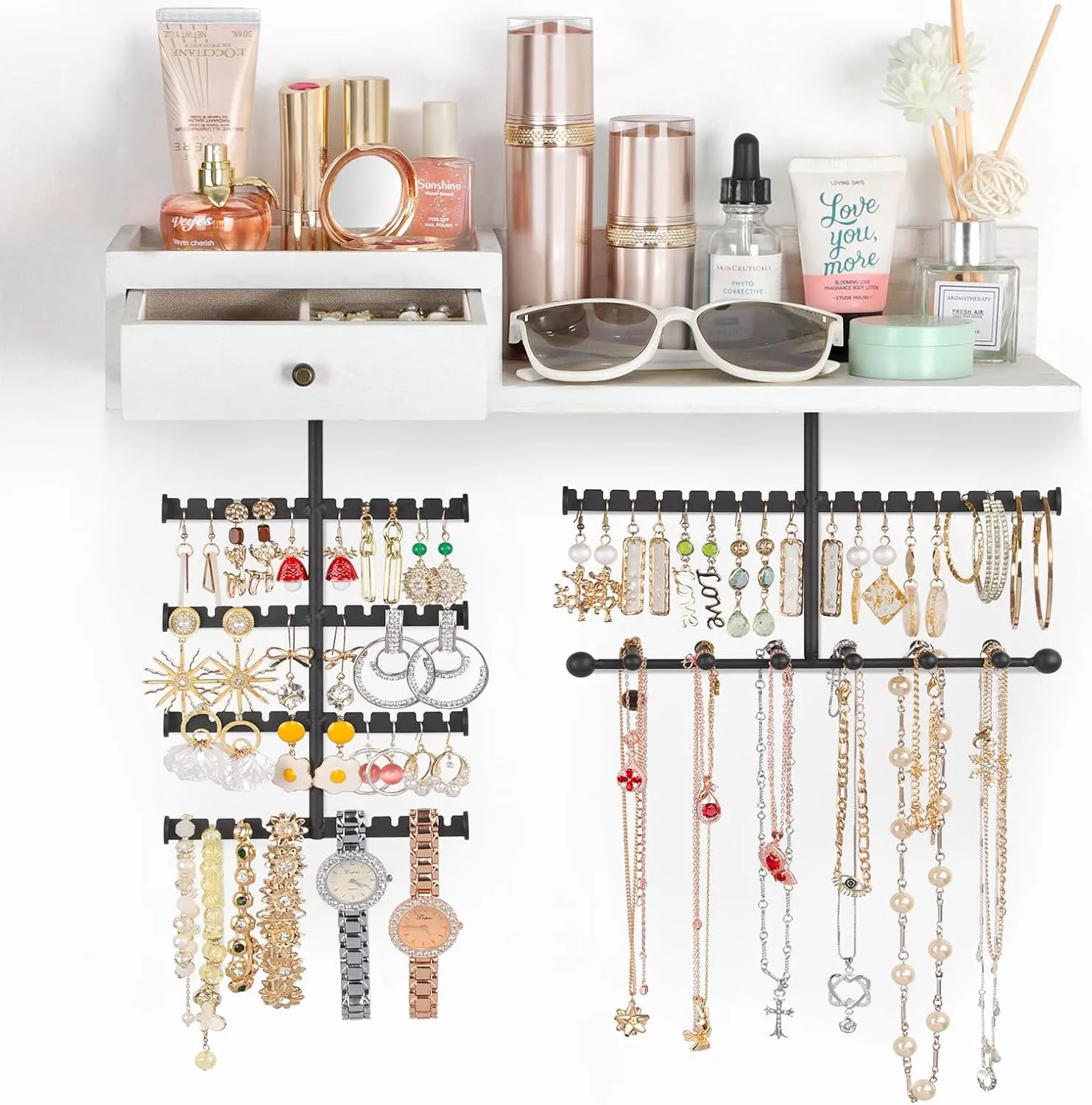 VINAEMO Jewelry Organizer Hanging Wall Mounted Jewelry Holder with Rustic Wood Drawer & Large Capacity Storage Shelf Rack Display for Earrings Rings Necklaces Bracelet(White)