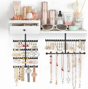 VINAEMO Jewelry Organizer Hanging Wall Mounted Jewelry Holder with Rustic Wood Drawer & Large Capacity Storage Shelf Rack Display for Earrings Rings Necklaces Bracelet(White)