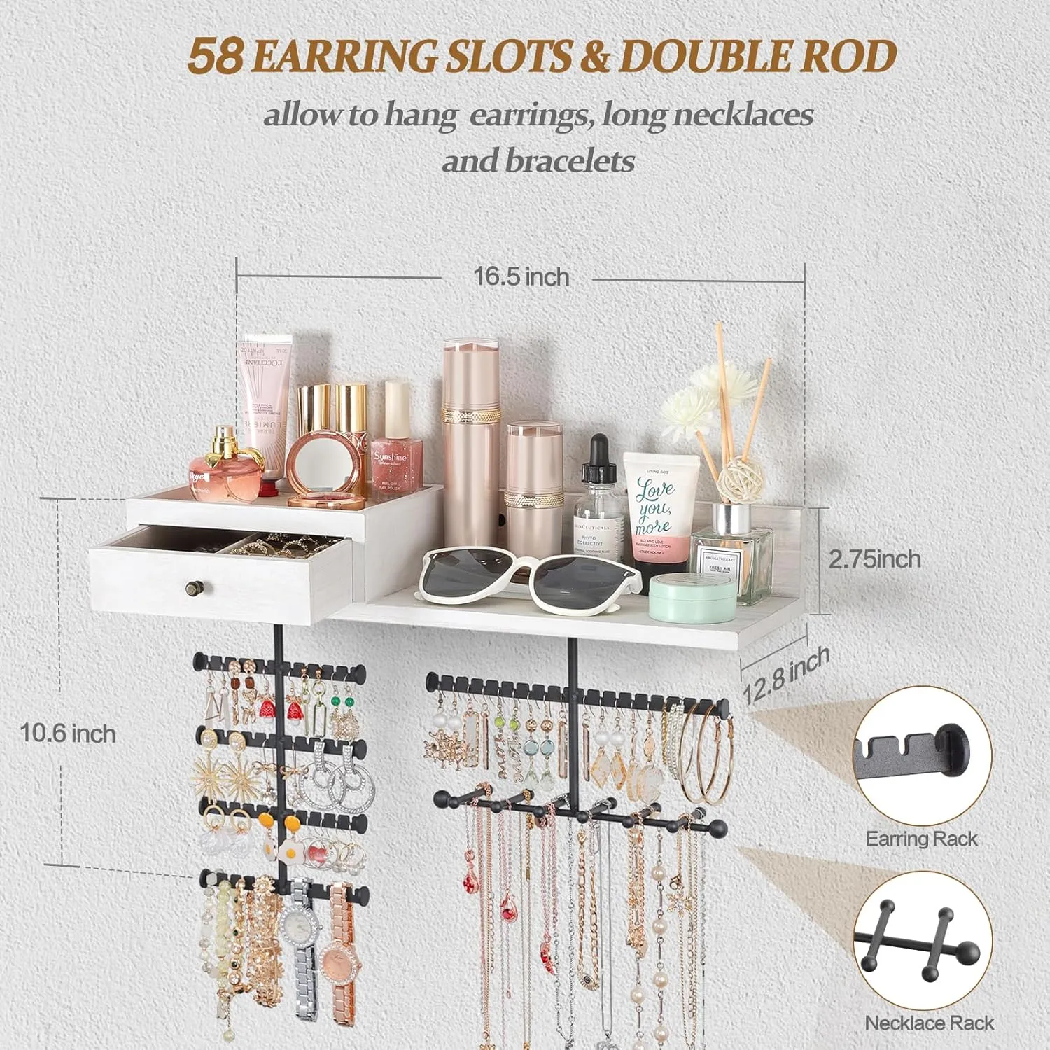 VINAEMO Jewelry Organizer Hanging Wall Mounted Jewelry Holder with Rustic Wood Drawer & Large Capacity Storage Shelf Rack Display for Earrings Rings Necklaces Bracelet(White)