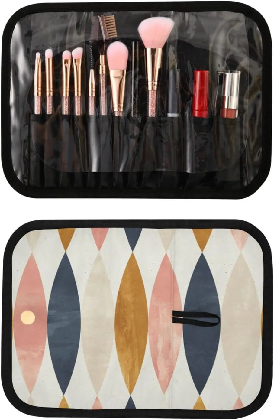 Vintage Scandinavian Long Oval in Pink White Gold Black 3 PCs Set Toiletry bags, 1 Women's Travel Cosmetic Bag, 1 Hanging Toiletry Wash Bag, 1 Brush Case, Portable Makeup Storage Case