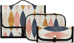 Vintage Scandinavian Long Oval in Pink White Gold Black 3 PCs Set Toiletry bags, 1 Women's Travel Cosmetic Bag, 1 Hanging Toiletry Wash Bag, 1 Brush Case, Portable Makeup Storage Case
