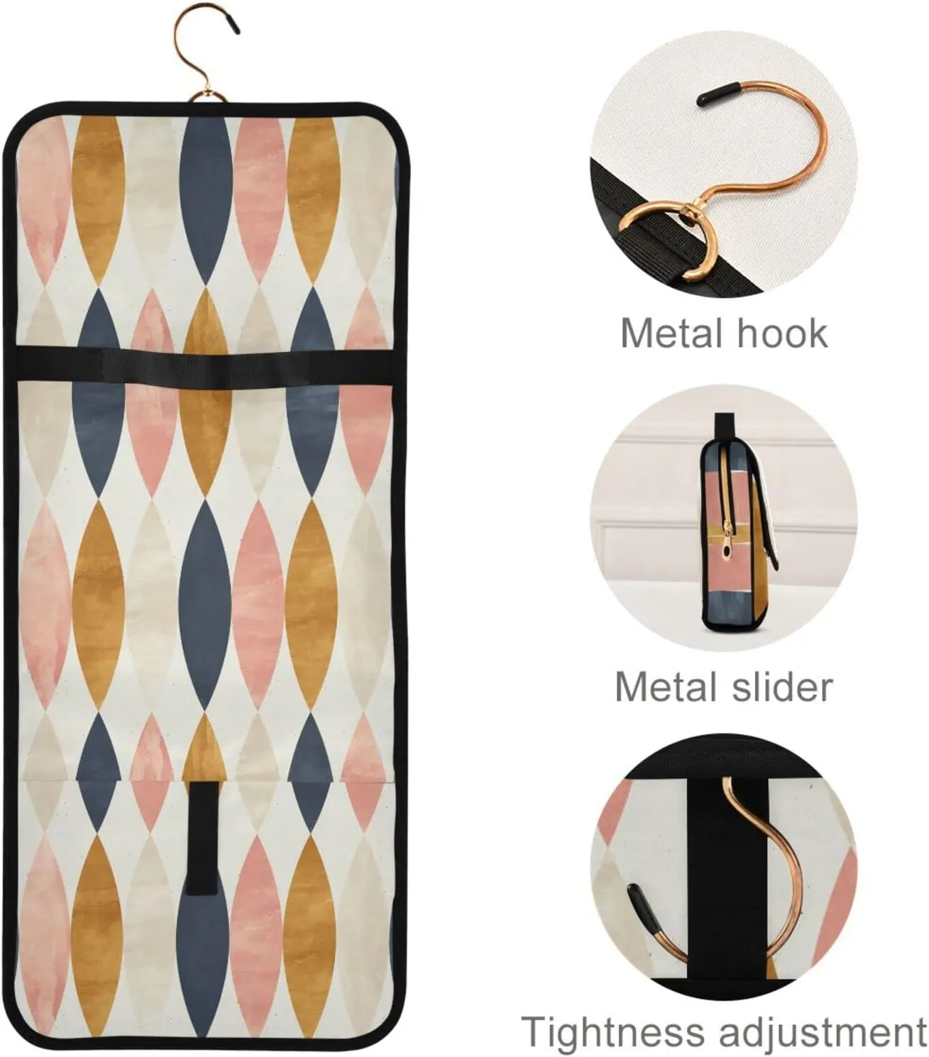 Vintage Scandinavian Long Oval in Pink White Gold Black 3 PCs Set Toiletry bags, 1 Women's Travel Cosmetic Bag, 1 Hanging Toiletry Wash Bag, 1 Brush Case, Portable Makeup Storage Case