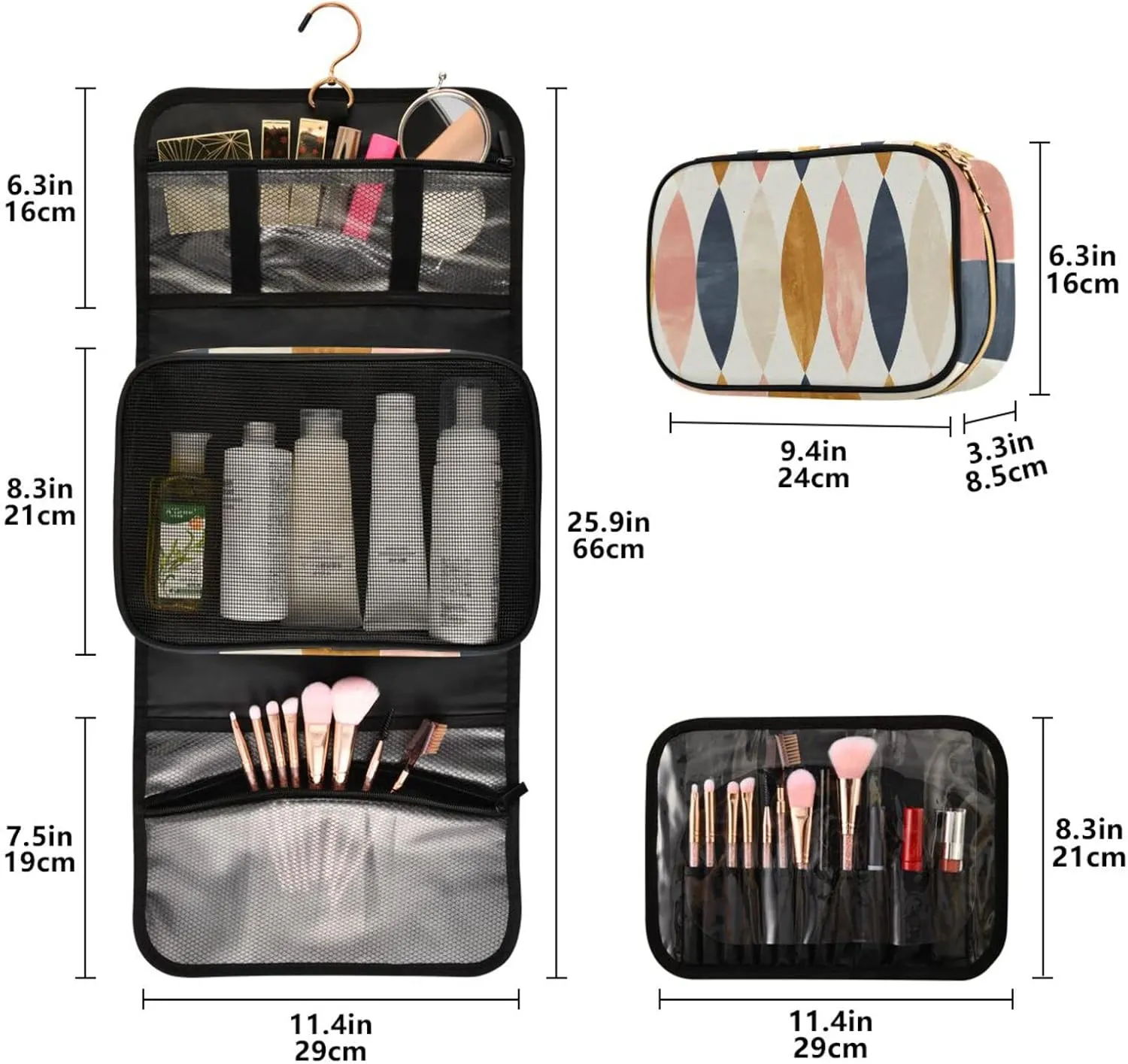 Vintage Scandinavian Long Oval in Pink White Gold Black 3 PCs Set Toiletry bags, 1 Women's Travel Cosmetic Bag, 1 Hanging Toiletry Wash Bag, 1 Brush Case, Portable Makeup Storage Case