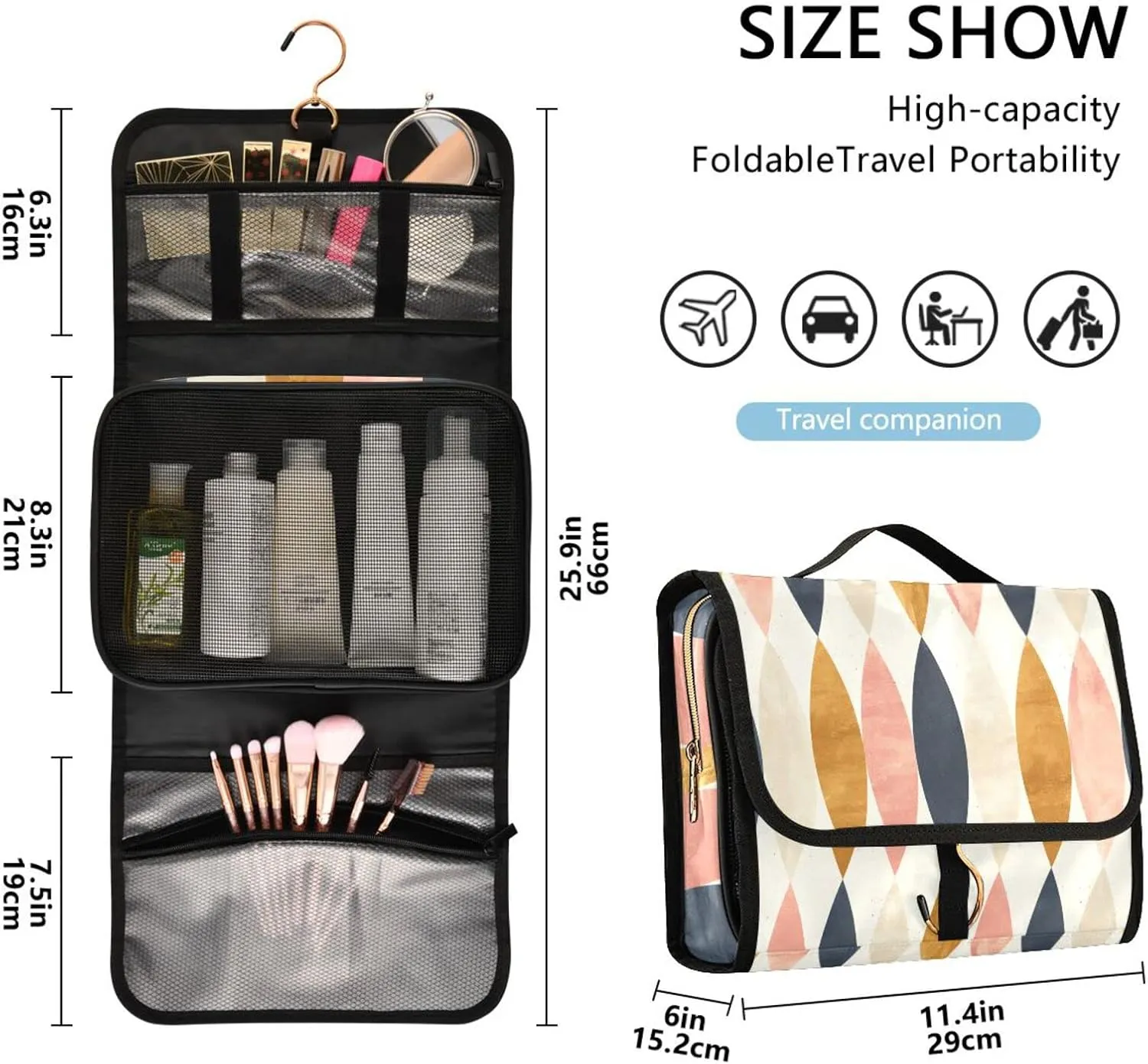 Vintage Scandinavian Long Oval in Pink White Gold Black 3 PCs Set Toiletry bags, 1 Women's Travel Cosmetic Bag, 1 Hanging Toiletry Wash Bag, 1 Brush Case, Portable Makeup Storage Case