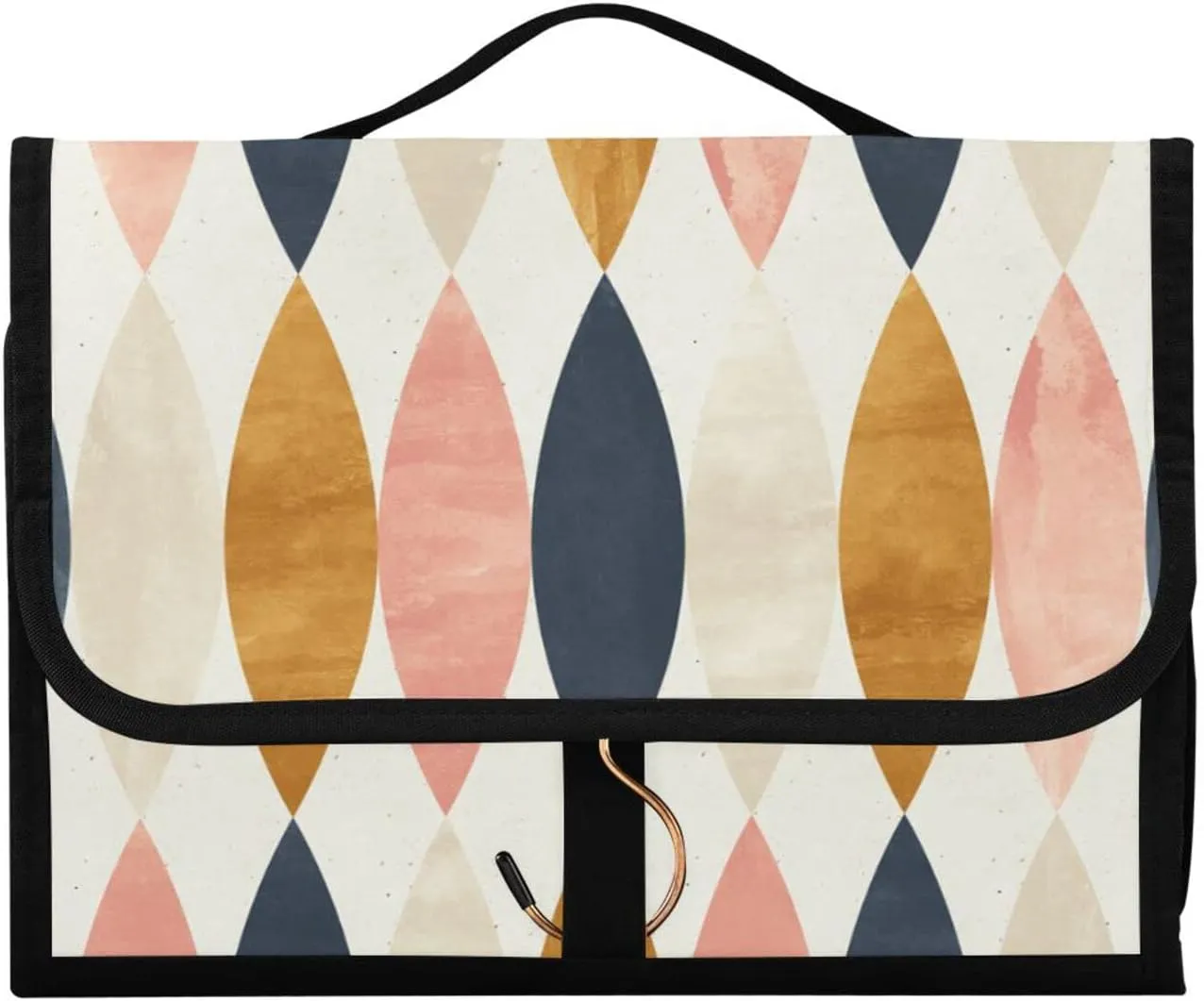 Vintage Scandinavian Long Oval in Pink White Gold Black 3 PCs Set Toiletry bags, 1 Women's Travel Cosmetic Bag, 1 Hanging Toiletry Wash Bag, 1 Brush Case, Portable Makeup Storage Case
