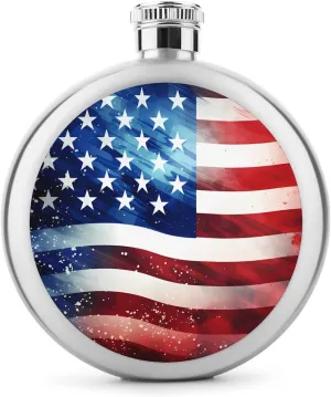 Vintage US Flag Round Wine Flask 5 Oz Mini Portable Stainless Steel Drinking Flasks for Men Women Travel Home Office