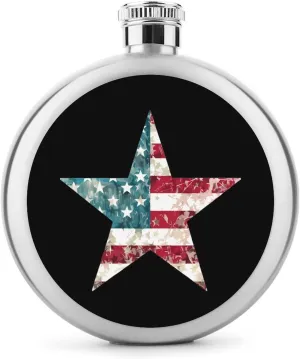 Vintage U.S. Flag Star Round Wine Flask 5 Oz Mini Portable Stainless Steel Drinking Flasks for Men Women Travel Home Office