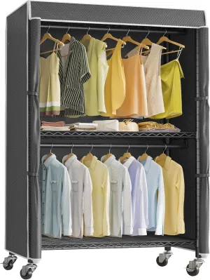 VIPEK R2C Plus Heavy Duty Rolling Garment Racks with Cover Clothing Rack for Hanging Clothes Portable Closet with Adjustable Wire Shelving & Double Rods, Black Rack with Black Upgarded Polyester Cover