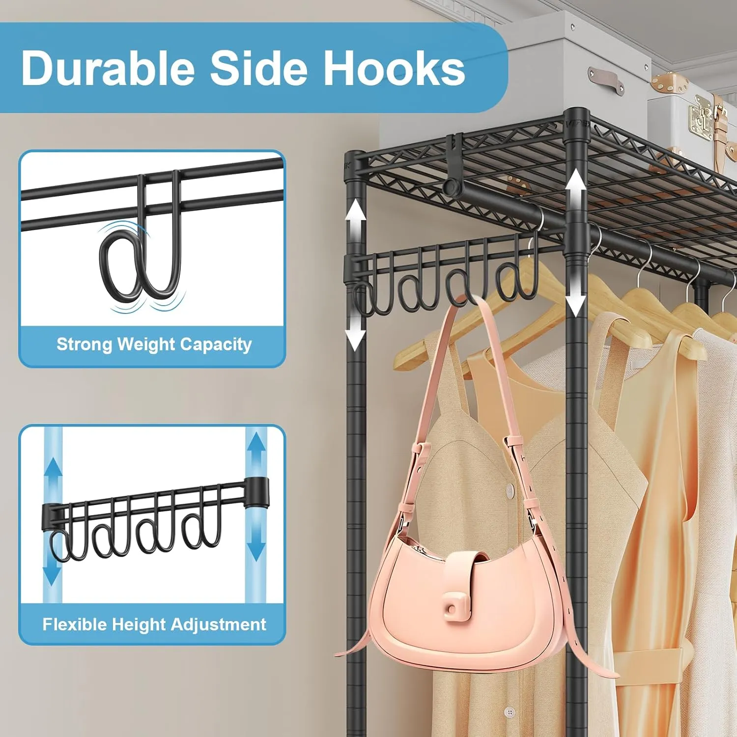 VIPEK R2C Plus Heavy Duty Rolling Garment Racks with Cover Clothing Rack for Hanging Clothes Portable Closet with Adjustable Wire Shelving & Double Rods, Black Rack with Black Upgarded Polyester Cover