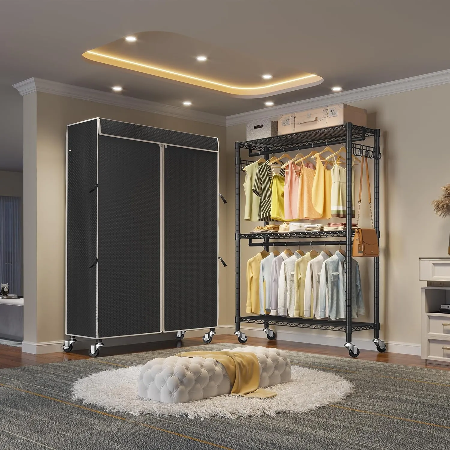 VIPEK R2C Plus Heavy Duty Rolling Garment Racks with Cover Clothing Rack for Hanging Clothes Portable Closet with Adjustable Wire Shelving & Double Rods, Black Rack with Black Upgarded Polyester Cover