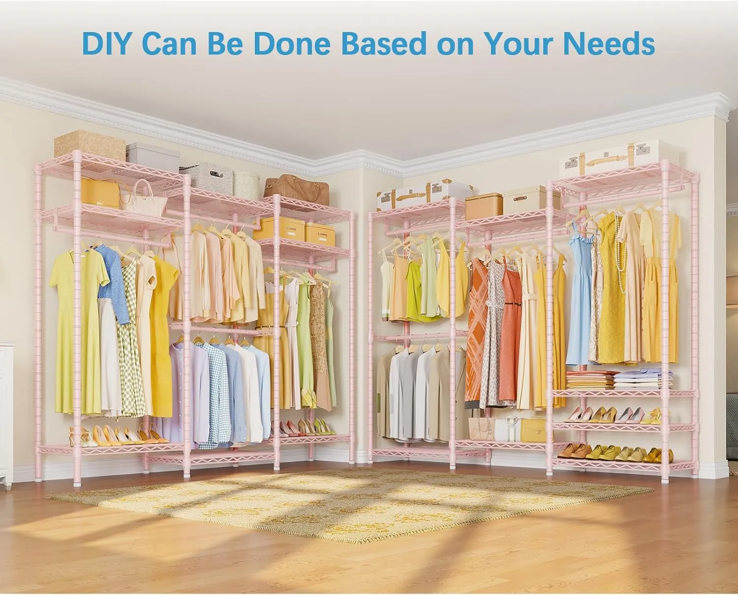 VIPEK V5 Portable Closet Wardrobe Heavy Duty Clothes Rack for Hanging Clothes, 70 inch Freestanding Closet Rack Metal Clothing Rack with 8 Adjustable Shelves & 4 Hang Rods, Max Load 890LBS, Pink