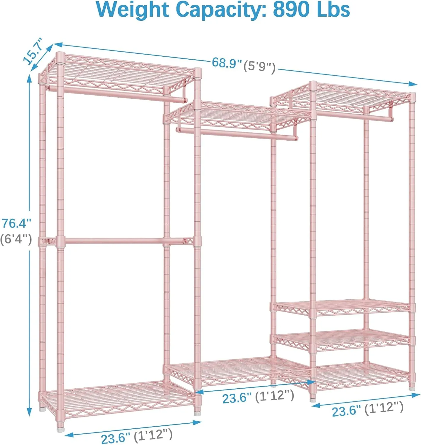 VIPEK V5 Portable Closet Wardrobe Heavy Duty Clothes Rack for Hanging Clothes, 70 inch Freestanding Closet Rack Metal Clothing Rack with 8 Adjustable Shelves & 4 Hang Rods, Max Load 890LBS, Pink