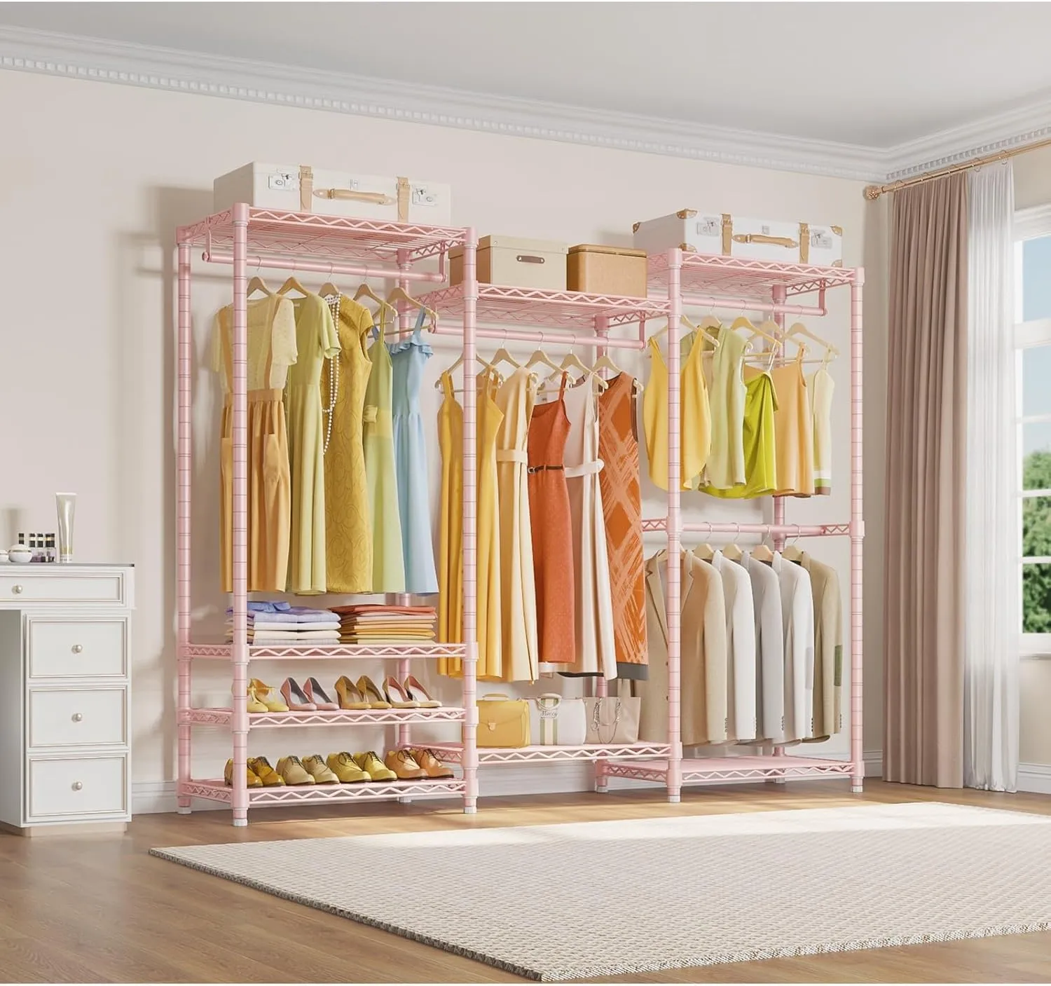 VIPEK V5 Portable Closet Wardrobe Heavy Duty Clothes Rack for Hanging Clothes, 70 inch Freestanding Closet Rack Metal Clothing Rack with 8 Adjustable Shelves & 4 Hang Rods, Max Load 890LBS, Pink