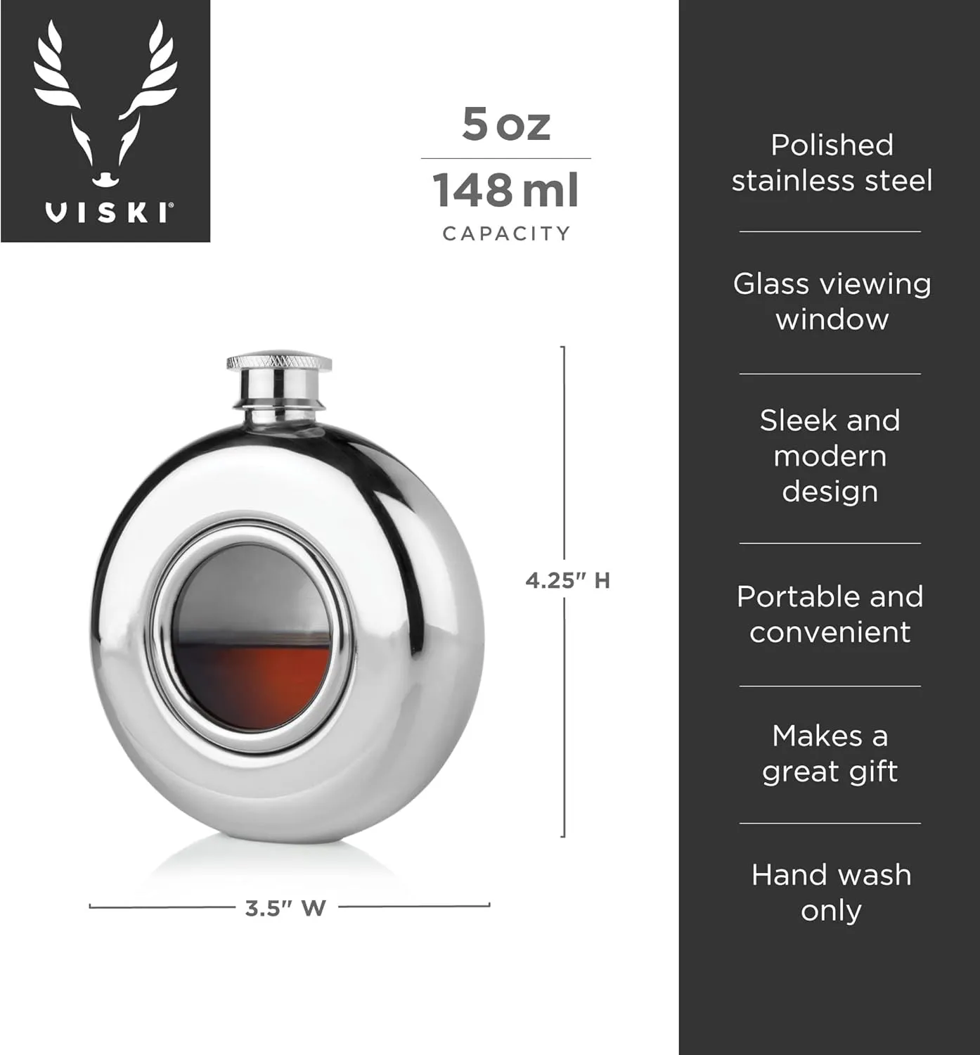 Viski Scope Flask - Round Flask with Window - Drinking Flasks for Liquor - Stainless Steel and Glass Flask - 5oz Set of 1