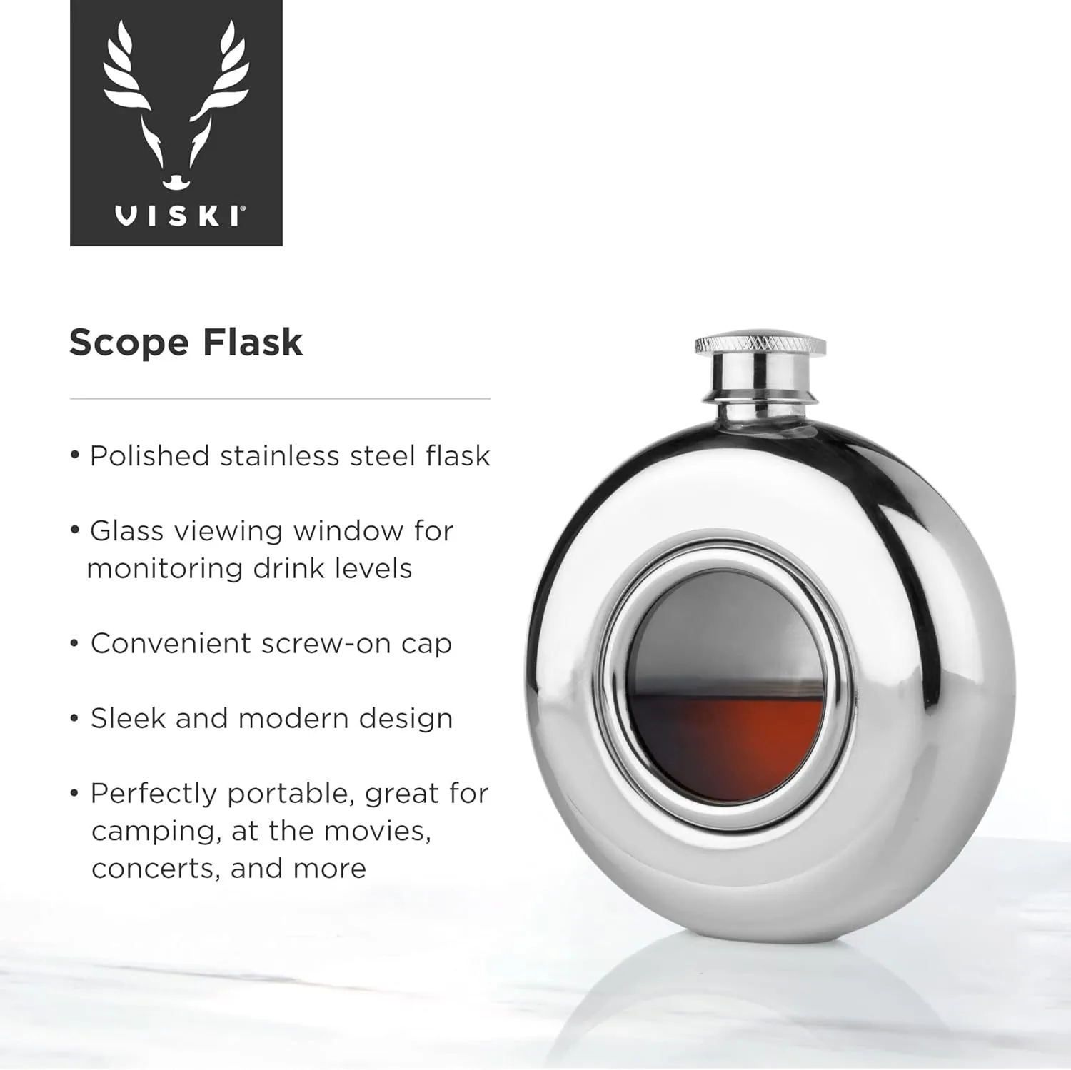 Viski Scope Flask - Round Flask with Window - Drinking Flasks for Liquor - Stainless Steel and Glass Flask - 5oz Set of 1