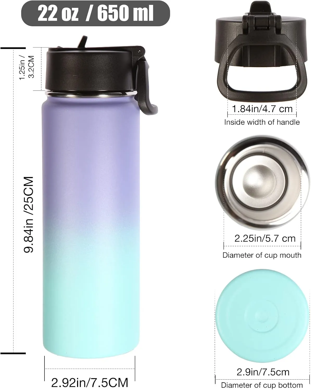 Volhoply Insulated Water Bottles with Straw Bulk 4 Pack, 22 oz Stainless Steel Double Walled Vacuum Travel Water Cups with Wide Mouth, Reusable Cold Water Flask for School Hiking(Purple Blue,4 Set)