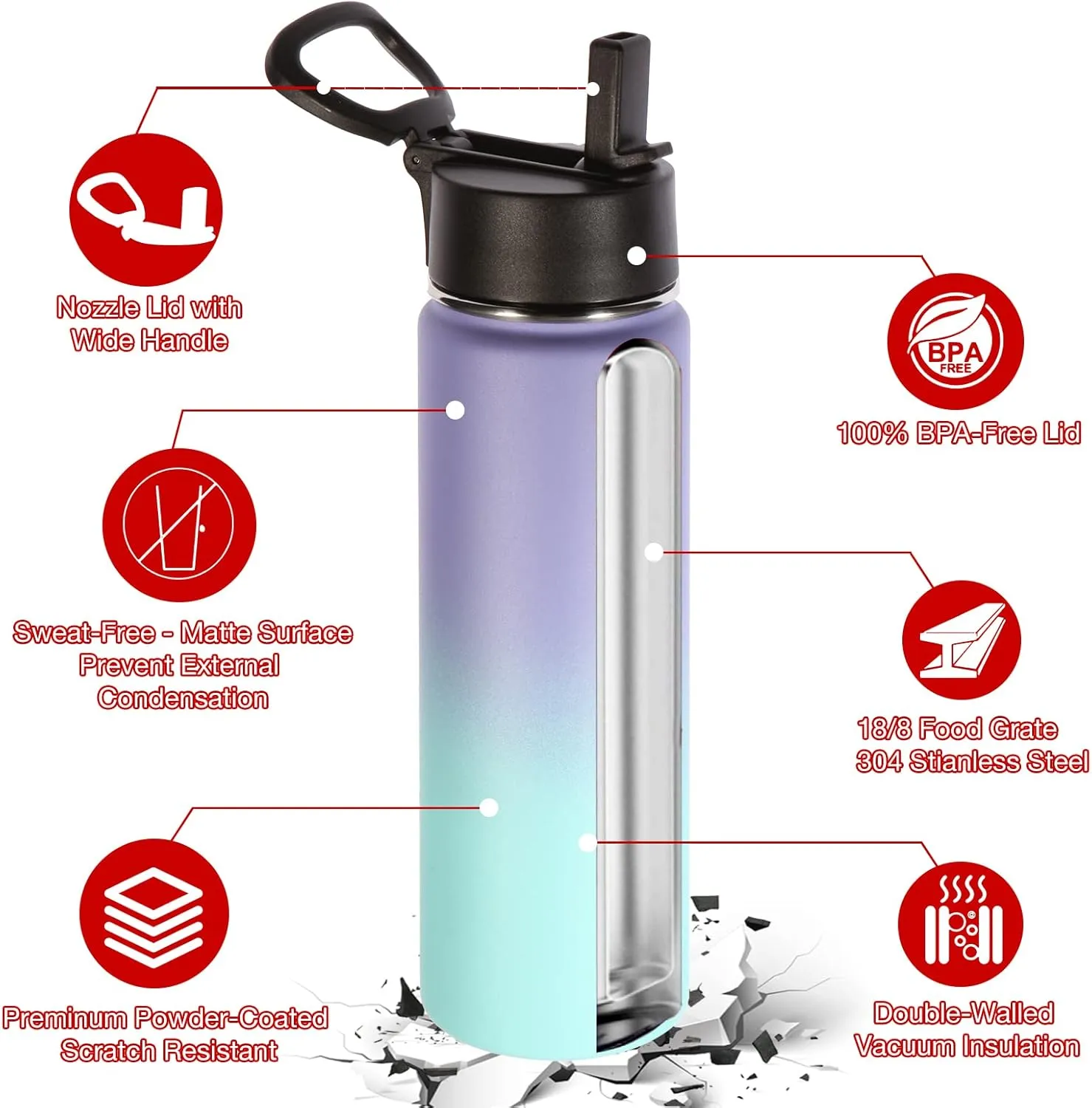 Volhoply Insulated Water Bottles with Straw Bulk 4 Pack, 22 oz Stainless Steel Double Walled Vacuum Travel Water Cups with Wide Mouth, Reusable Cold Water Flask for School Hiking(Purple Blue,4 Set)