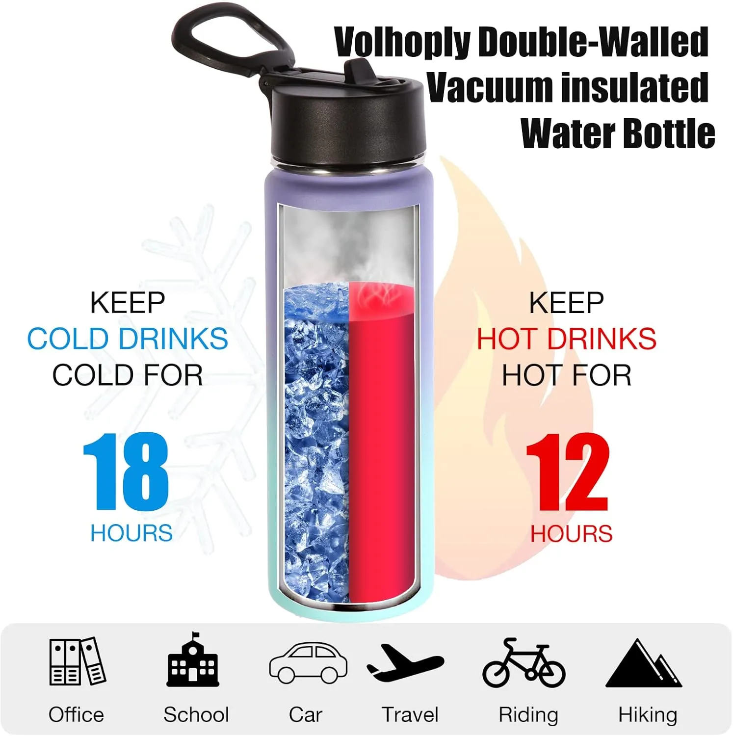Volhoply Insulated Water Bottles with Straw Bulk 4 Pack, 22 oz Stainless Steel Double Walled Vacuum Travel Water Cups with Wide Mouth, Reusable Cold Water Flask for School Hiking(Purple Blue,4 Set)