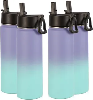 Volhoply Insulated Water Bottles with Straw Bulk 4 Pack, 22 oz Stainless Steel Double Walled Vacuum Travel Water Cups with Wide Mouth, Reusable Cold Water Flask for School Hiking(Purple Blue,4 Set)