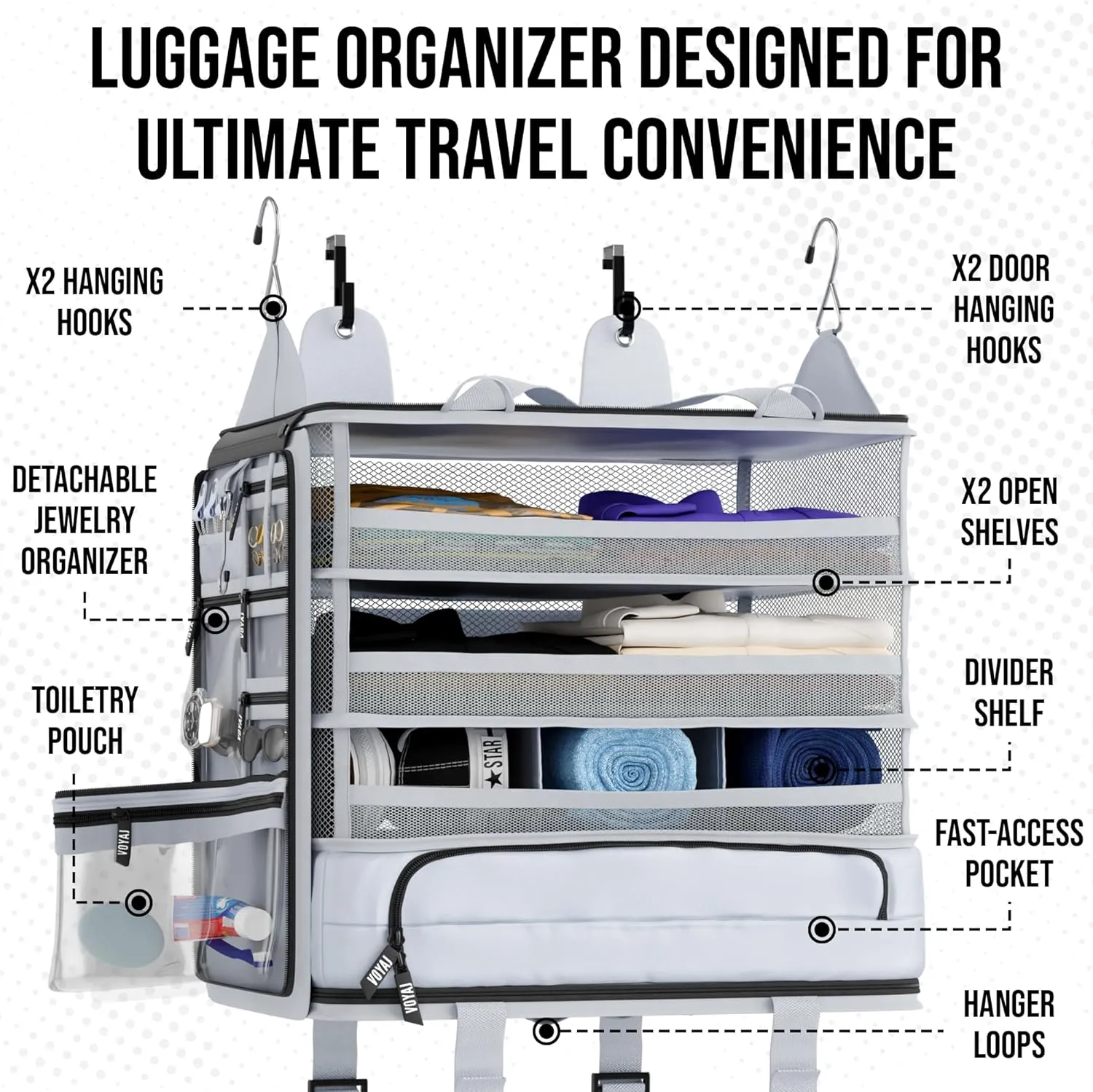 Voyaj Hanging Suitcase Organizer for Travel - Carry On Closet, Luggage Organizers, Travel Organizer - Easily Fits Carry On for Wrinkle Free Packing