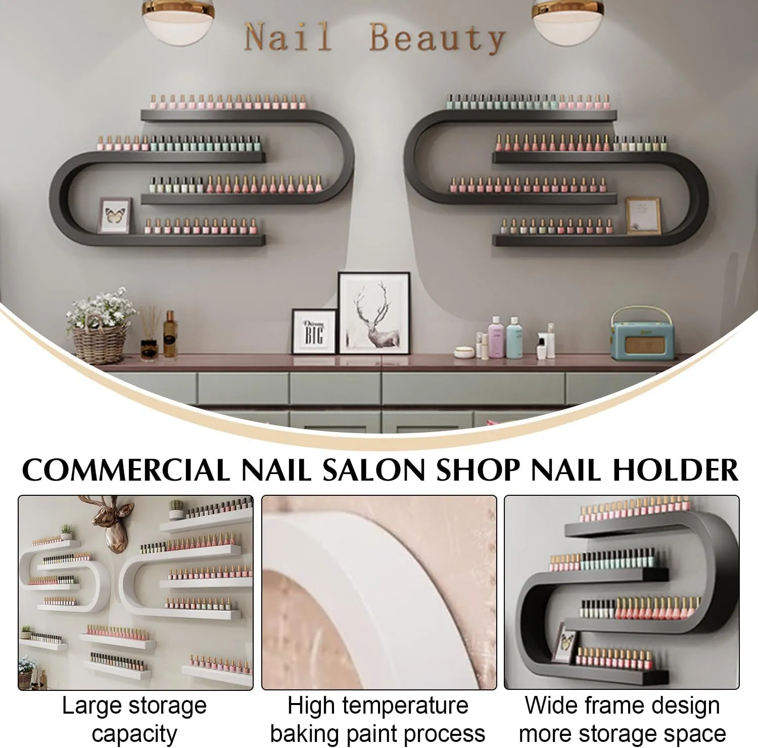 Wall Mounted U-Shaped Nail Polish Rack, Metal Nail Display Floating Shelf, Hanging Commercial Nails Display Rack, Floating Organizer Shelf for Nail Polish Bottles Spa,Black,8 Piece