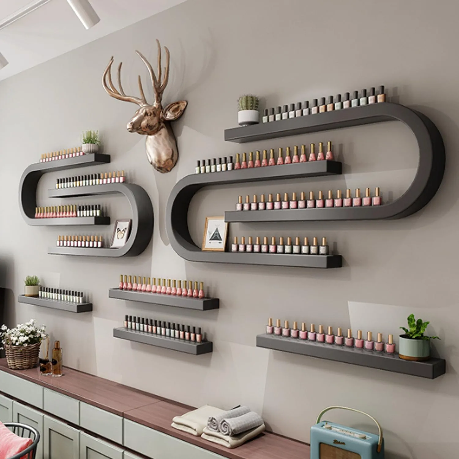 Wall Mounted U-Shaped Nail Polish Rack, Metal Nail Display Floating Shelf, Hanging Commercial Nails Display Rack, Floating Organizer Shelf for Nail Polish Bottles Spa,Black,8 Piece