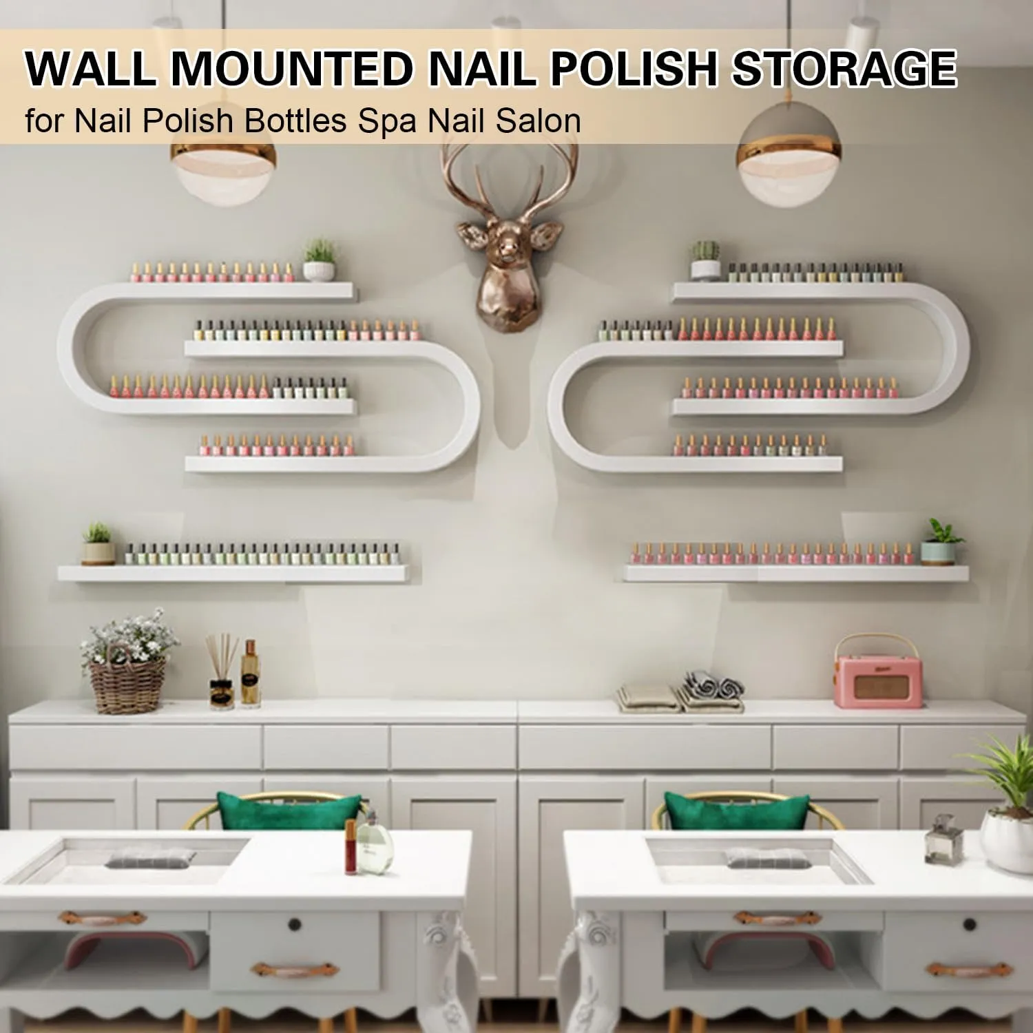 Wall Mounted U-Shaped Nail Polish Rack, Metal Nail Display Floating Shelf, Hanging Commercial Nails Display Rack, Floating Organizer Shelf for Nail Polish Bottles Spa,Black,8 Piece