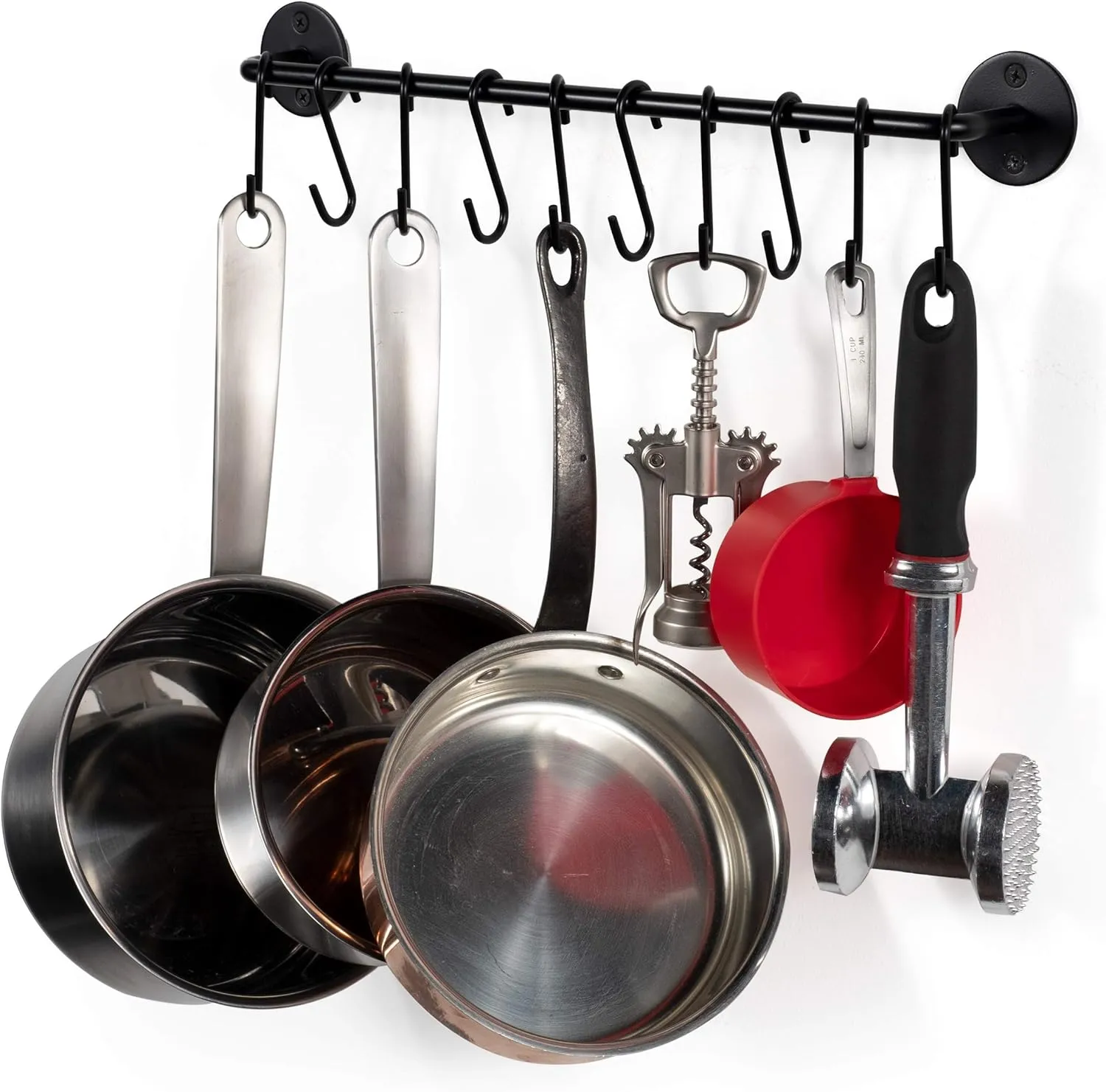 Wallniture Cucina 16" Wall Mount Kitchen Organization Storage Rail with 10 S Hooks for Hanging Pots and Pans Set and Lid Organizer, Black