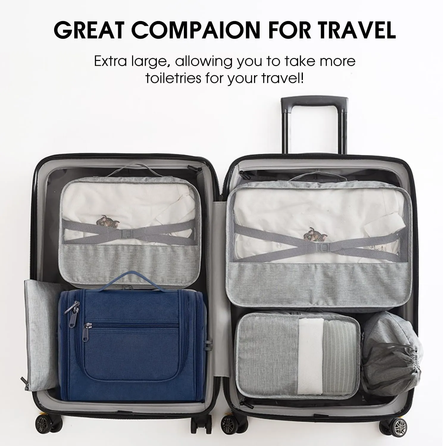 WANDF Large Hanging Toiletry Bag Travel Cosmetic Makeup Organizer Water-Resistant Shower Bathroom Bag for Women and Men (Navy Blue)