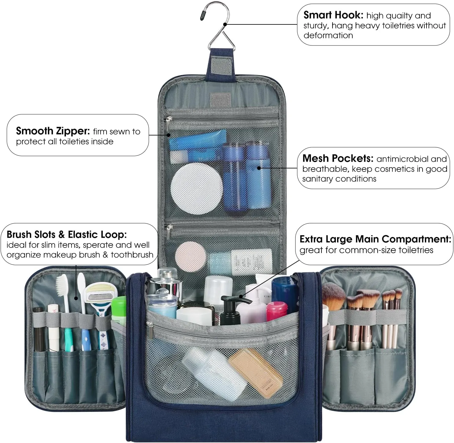 WANDF Large Hanging Toiletry Bag Travel Cosmetic Makeup Organizer Water-Resistant Shower Bathroom Bag for Women and Men (Navy Blue)