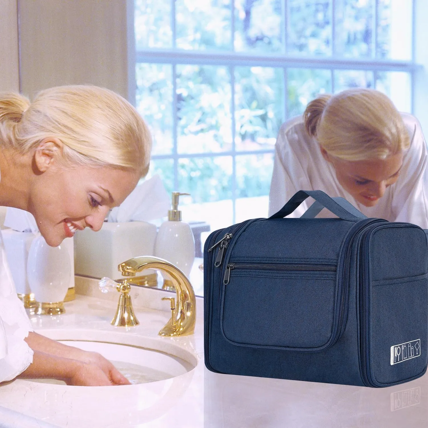 WANDF Large Hanging Toiletry Bag Travel Cosmetic Makeup Organizer Water-Resistant Shower Bathroom Bag for Women and Men (Navy Blue)