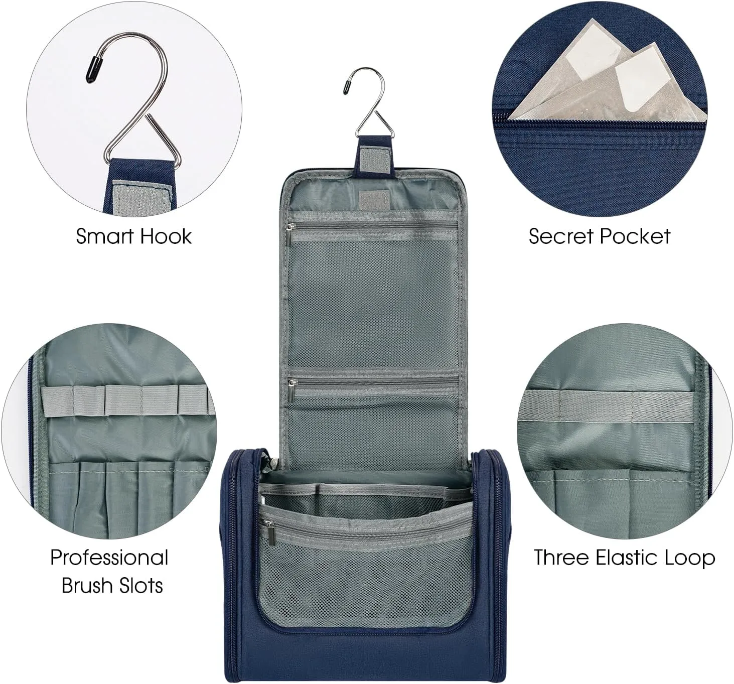 WANDF Large Hanging Toiletry Bag Travel Cosmetic Makeup Organizer Water-Resistant Shower Bathroom Bag for Women and Men (Navy Blue)