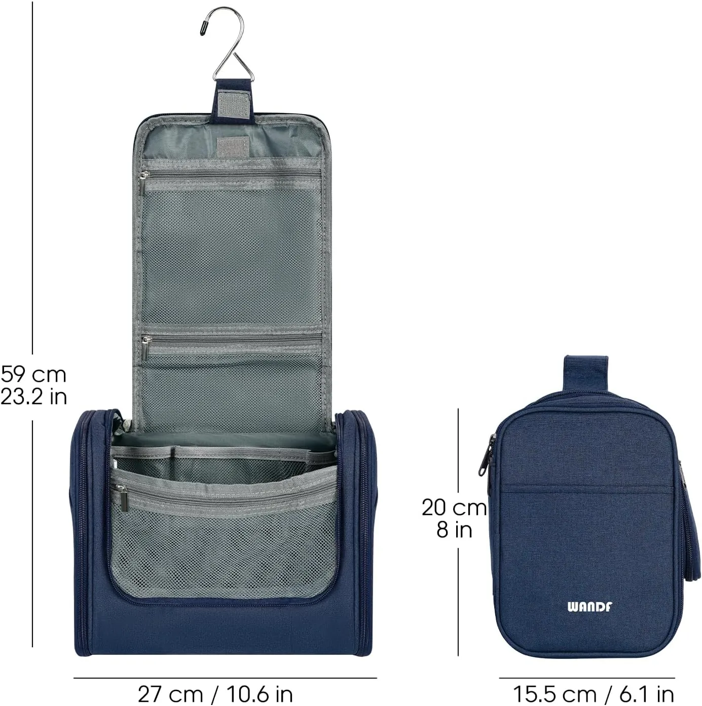 WANDF Large Hanging Toiletry Bag Travel Cosmetic Makeup Organizer Water-Resistant Shower Bathroom Bag for Women and Men (Navy Blue)
