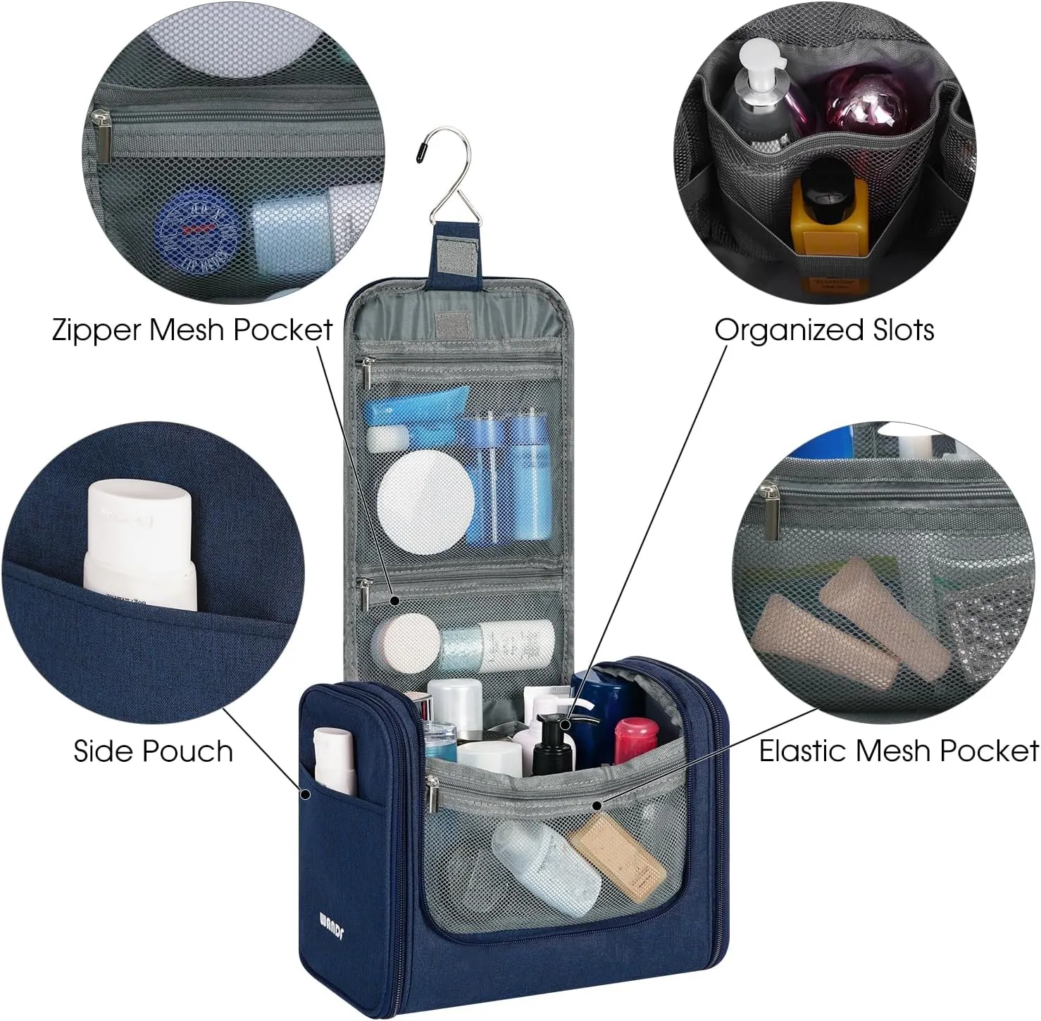 WANDF Large Hanging Toiletry Bag Travel Cosmetic Makeup Organizer Water-Resistant Shower Bathroom Bag for Women and Men (Navy Blue)