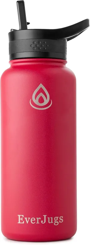 Water Bottle - 32 Oz, Wide Mouth, Premium Stainless Steel Bottle with Straw Lid, Double Walled Vacuum Insulated, Thermo Mug, Metal Flask, Leak Proof, Eco-Friendly