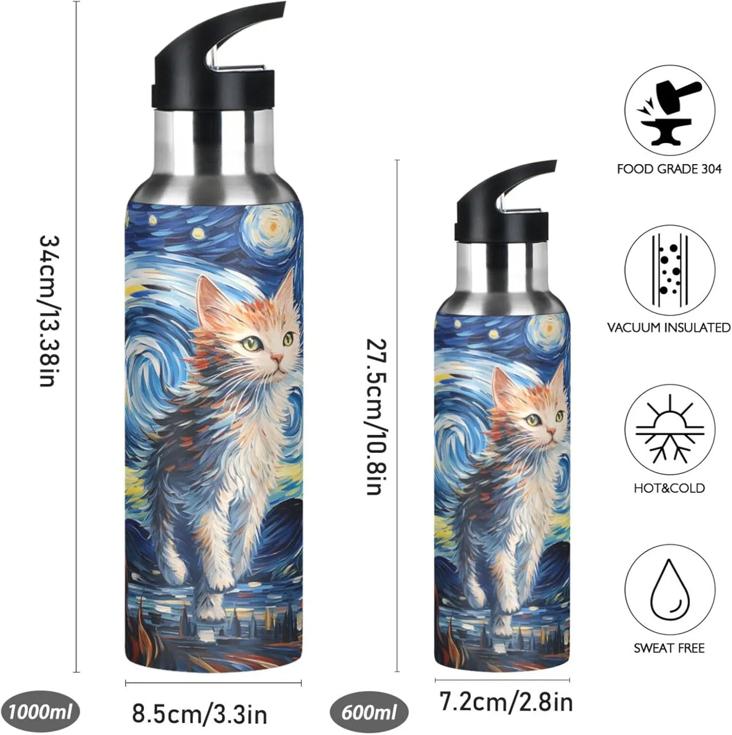 Watercolor Artwork Cartoon Kitty Sport Water Bottle Insulated Stainless Steel Large Vacuum Flask Leak Proof Thermos with Straw for Travel(600ml/1000ml)