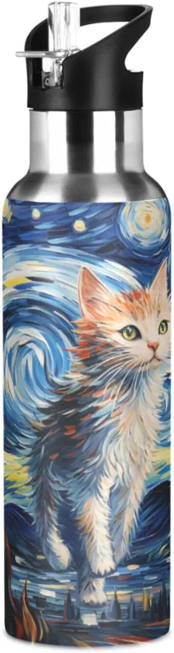 Watercolor Artwork Cartoon Kitty Sport Water Bottle Insulated Stainless Steel Large Vacuum Flask Leak Proof Thermos with Straw for Travel(600ml/1000ml)