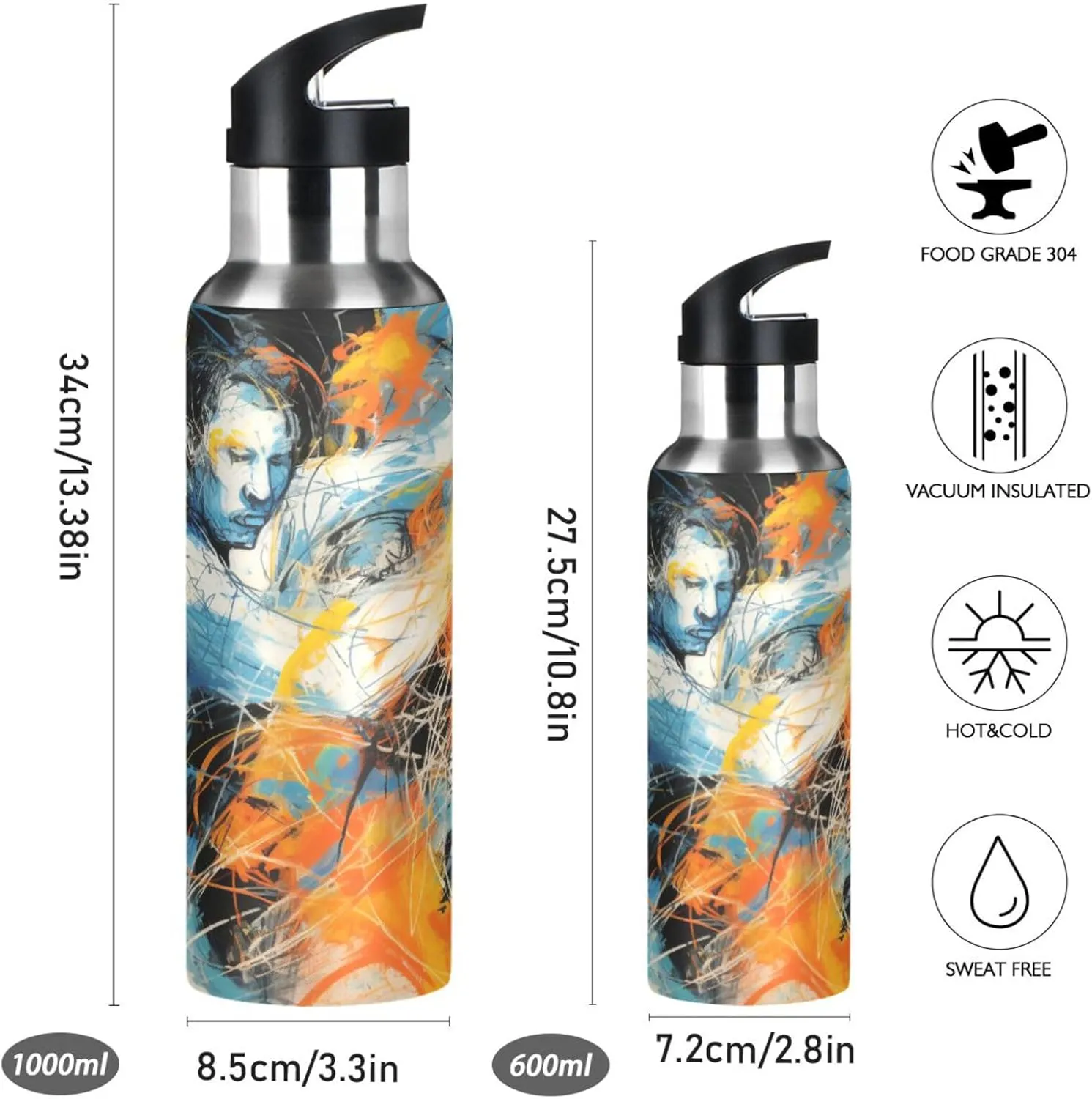 Watercolor Artwork Handball Sport Water Bottle Insulated Stainless Steel Large Vacuum Flask Leak Proof Thermos with Straw for Travel(600ml/1000ml)