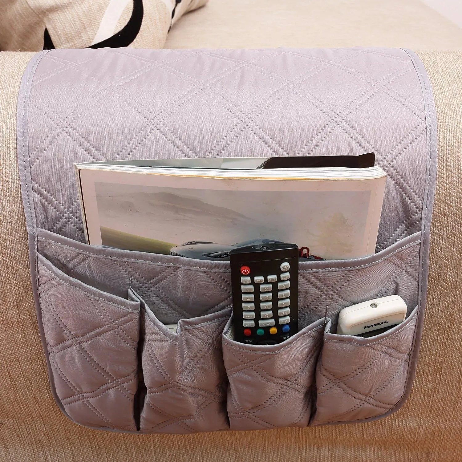 Waterproof Armrest Covers Sofa Arm Organizer with 5 Pockets for Tablet Magazines TV Remote Holder, Non-slip Recliner Couch Armchair Slipcover Furniture Sofa Arm Protector Storage Caddy Pouch