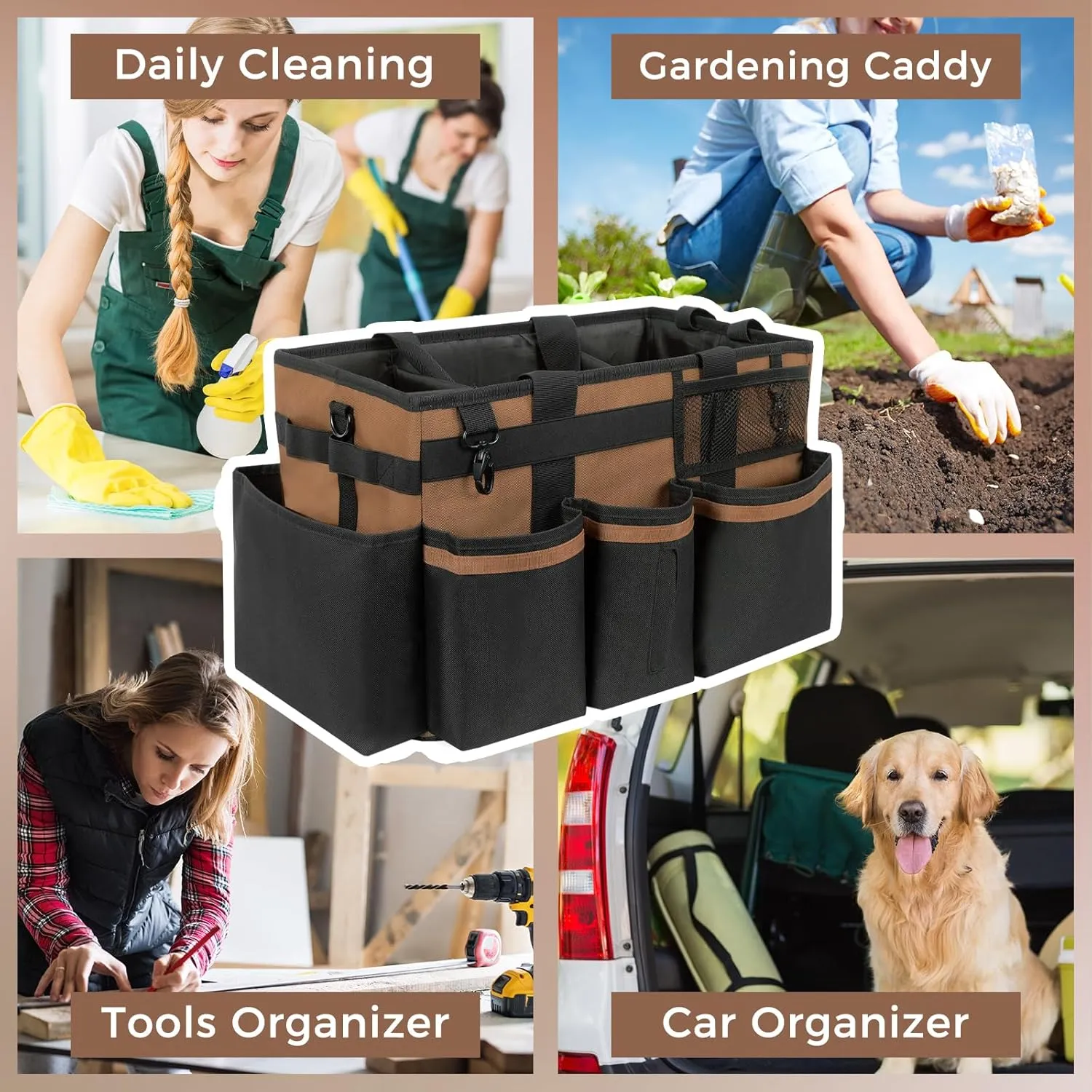Wearable Cleaning Caddy, Cleaning Caddy Supplies Organizer with Handle & Shoulder Straps for Housekeepers, Under Sink & Car Cleaning Tool Organizers Bag with 4 Foldable Divider (Brown)