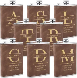 Wedding Flasks for Groomsmen Set of 8, Personalized Groomsmen Gift, Customized Engraved 304 Steel Stainless Hip Flask for Best Man Groom Father of Bride, Brown