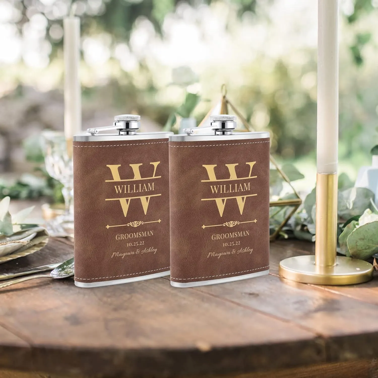 Wedding Flasks for Groomsmen Set of 8, Personalized Groomsmen Gift, Customized Engraved 304 Steel Stainless Hip Flask for Best Man Groom Father of Bride, Brown