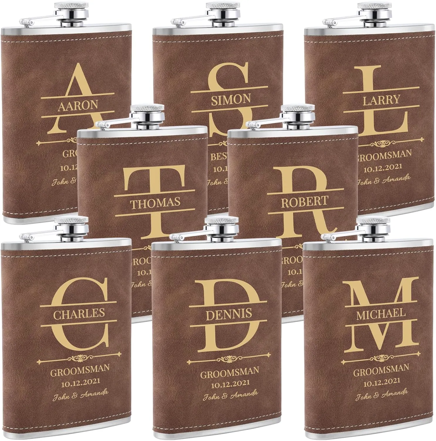 Wedding Flasks for Groomsmen Set of 8, Personalized Groomsmen Gift, Customized Engraved 304 Steel Stainless Hip Flask for Best Man Groom Father of Bride, Brown