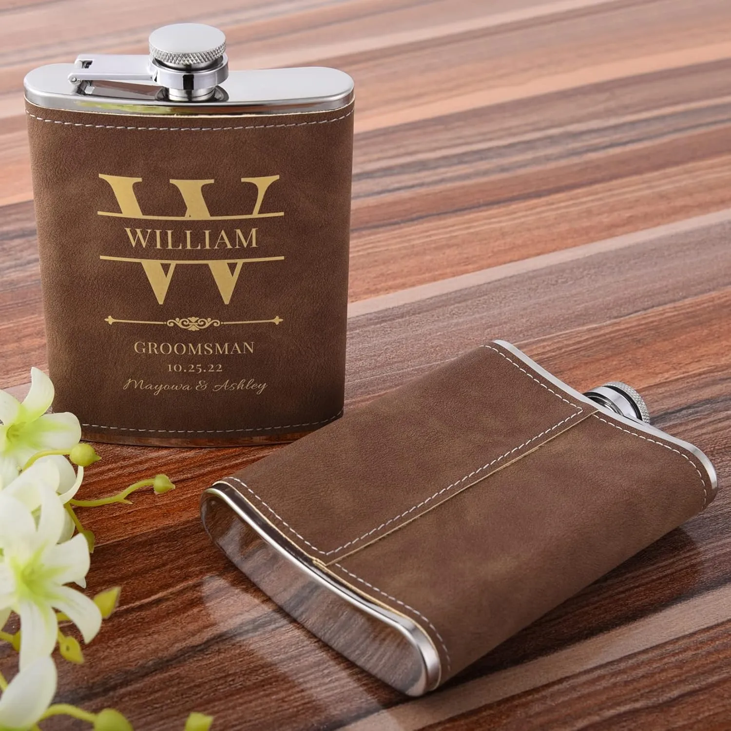 Wedding Flasks for Groomsmen Set of 8, Personalized Groomsmen Gift, Customized Engraved 304 Steel Stainless Hip Flask for Best Man Groom Father of Bride, Brown