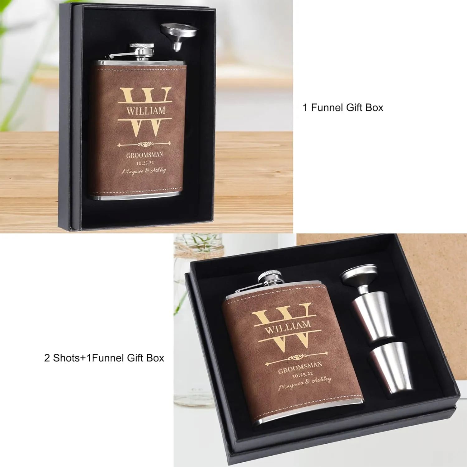 Wedding Flasks for Groomsmen Set of 8, Personalized Groomsmen Gift, Customized Engraved 304 Steel Stainless Hip Flask for Best Man Groom Father of Bride, Brown